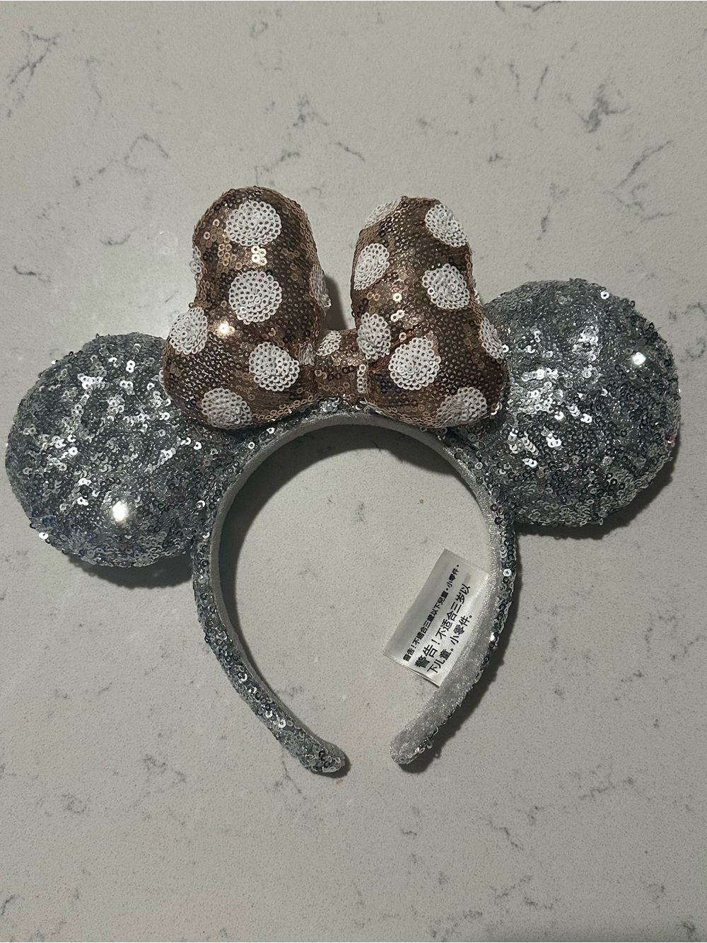 Disney Parks Silver Sequin Ears Rose Gold Polka Dot Bow Minnie Mouse Headband